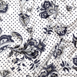 White, Midnight Navy and Silver Damask and Polka Dotted Silk Charmeuse