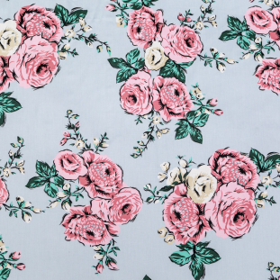 1 Yard of Sky Blue, Green and Pink Floral Cotton Twill