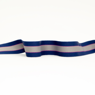 Italian Royal Blue, Silver and Pink Striped Grosgrain Ribbon - 1.25"