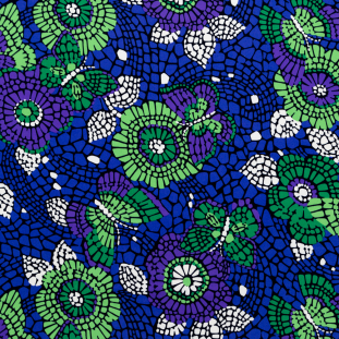 Purple and Green Mosaic Butterfly and Floral Stretch Polyester Jersey