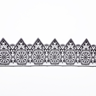European Black Geometric Embroidered Lace on Mesh - 5.875"