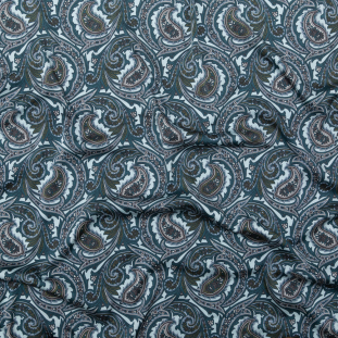 Moonless Night, Forest and Silver Blue Paisley Stretch Silk Charmeuse