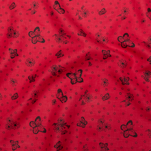 Jester Red and Black Butterfly Printed Linen and Rayon Woven