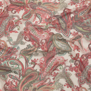 Italian Silver Green, Moon Mist and Vibrant Red Paisley Polyester Georgette