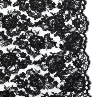 Black Narrow Beaded and Sequined Floral Corded Lace with Scalloped Edges
