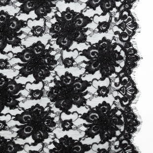 Black Narrow Beaded Floral Corded 3D Lace with Scalloped Eyelash Edges