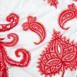 Milly Italian Red and White Large-Scale Paisley Stretch Cotton Poplin