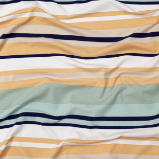 Golden Apricot, Fog and Soothing Sea Barcode Striped Stretch Cotton Jersey