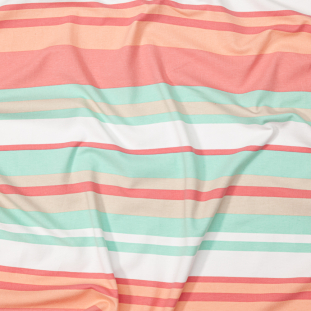 Soothing Sea, Tea Rose and Peach Nectar Barcode Striped Stretch Cotton Jersey