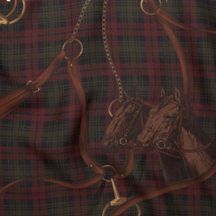 Ralph Lauren Red and Green Plaid, Horses and Bridles Silk Twill