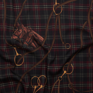 Ralph Lauren Red and Dark Navy Plaid, Horses and Bridles Stretch Silk Twill
