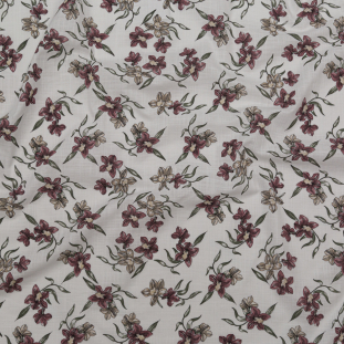 Bright White, Dusty Rose and Deep Lichen Green Floral Textural Gauzy Organic Cotton Woven
