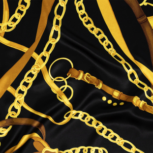 Mood Exclusive Italian Black and Gold Chains and Purse Straps Digitally Printed Silk Charmeuse
