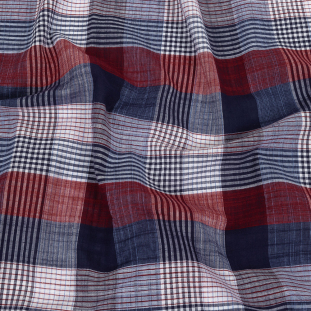 Navy and Red Plaid Slubbed Gauzy Organic Cotton Woven
