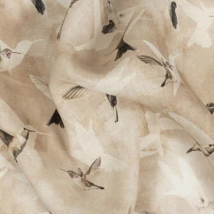 Humming Birds Printed Beige Linen Woven