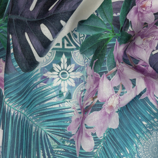 Blue Palms and Lavender Lilies Printed Linen Woven