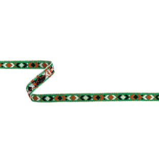 Green, Black and Orange Geometric German Jacquard Cotton Ribbon - 0.5"