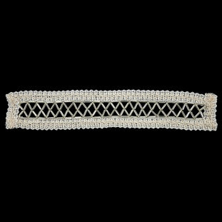 Vintage Silver and Ivory Lattice Window Rectangular Beaded and Braided Applique - 7.75&quot; x 1.5&quot;