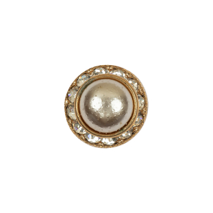 Vintage One Row Crystal Rhinestones and Gold Metal Shank Button with Pearl Finished Center - 24L/15mm