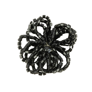 Vintage Jet Black Seed Beaded Flower Decoration with Black Faux Pearl Center - 1.25&quot; x 1.25&quot;