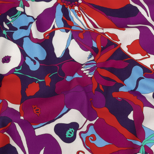 Italian Regal Purple, Flame Scarlet and Blue Floral Stretch Cotton Twill