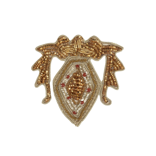 Vintage Metallic Gold and Red Diamond Crest Bullion Embroidered and Beaded Applique - 2.75&quot; x 2.5&quot;