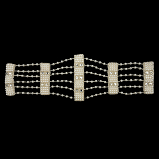Vintage Silver, Faux Pearl and Crystal Beaded and Rhinestone Rectangles and Chains Applique - 4.5&quot; X 13.5&quot;