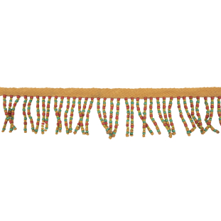 Vintage Tan and Multicolor Wood Beaded Fringe Trim - 2.25&quot;