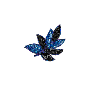 Vintage Royal Blue and Black Sequins and Royal Blue Iris-lined Beaded Leaf Applique - 4" X 3"