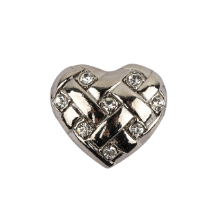 Vintage Swarovski Crystal Rhinestones and Silver Metal Faux Basket Weave Shank Back Heart-Shaped Button - 36L/23mm