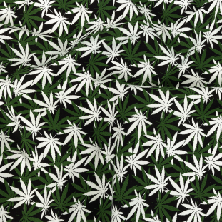 Black, Green and White Cannabis Plant Leaves Printed Stretch Cotton Denim