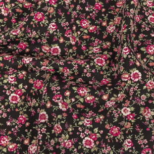 Black and Pink Minute Floral Printed Stretch Cotton Denim