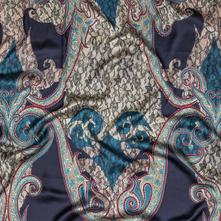 Blue Opal, Teal and Simply Taupe Paisley and Chantilly Lace Printed Polyester Lining
