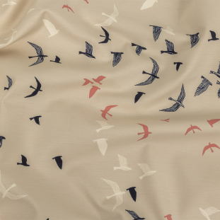 Garland Beige, Navy and Coral Birds Stretch Organic Cotton Double Cloth