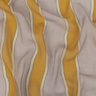 Famous Australian Designer Gamboge and Violet Bold Stripes Crinkled Silk Chiffon
