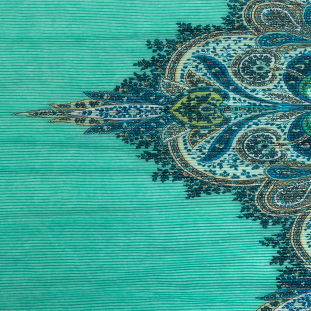 Famous Australian Designer Aqua Paisley Borders Pleated Polyester Organdy