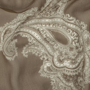 Famous Australian Designer Khaki and Lily White Paisley Crinkled Silk Chiffon