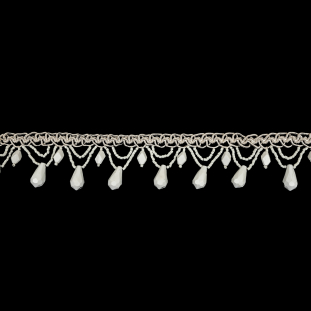 Vintage Chalk White Teardrops and Glass Beaded Looped Fringe on Ivory Braid - 1.5&quot;