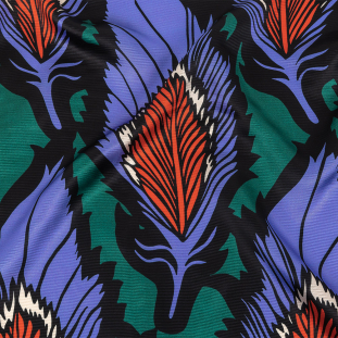 Carolina Herrera Purple, Storm and Hot Coral Feathers Printed Striped Viscose Dobby