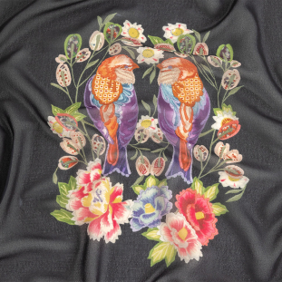 Famous NYC Designer Black, Pink, and Green Lovebirds and Florals Polyester Georgette Panel