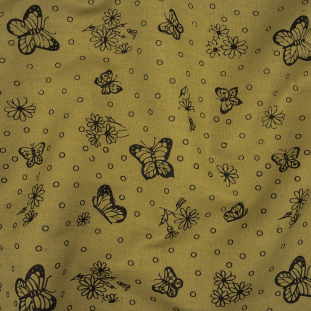 Khaki and Black Butterfly Printed Linen Woven
