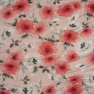 1 Yard of Pink, Gray and White Floral Rayon Stretch Jersey