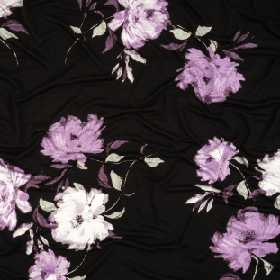 1 Yard of Black and English Lavender Floral Stretch Rayon Jersey