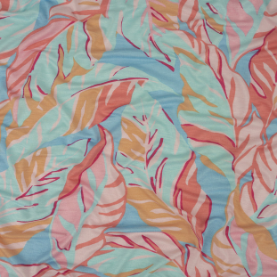 Yellow, Cyan and Coral Tropical Leaves Stretch Rayon Jersey