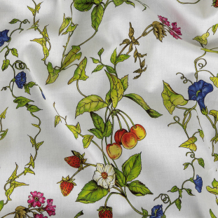 Milly Italian Green and White Flowers and Fruit Lightweight Stretch Cotton Sateen