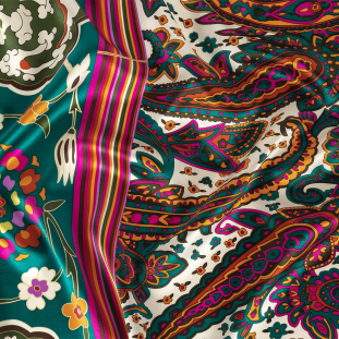 Teal, Pink and Orange Paisley, Stripes and Honeycombs Silk Charmeuse