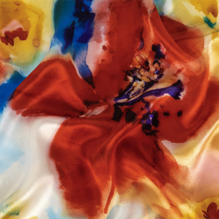 Red, Blue and Yellow Floral Splash Silk Charmeuse