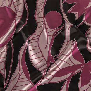 Plum and Black Abstract Leaves Silk Charmeuse