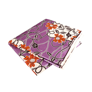 Orange, Dark Brown and White Flowers and Vines Cotton Supreme Wax Jewel African Print with Purple Metallic Shimmer