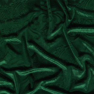 Forest Green Leafy Damask Embossed Polyester Velvet Knit
